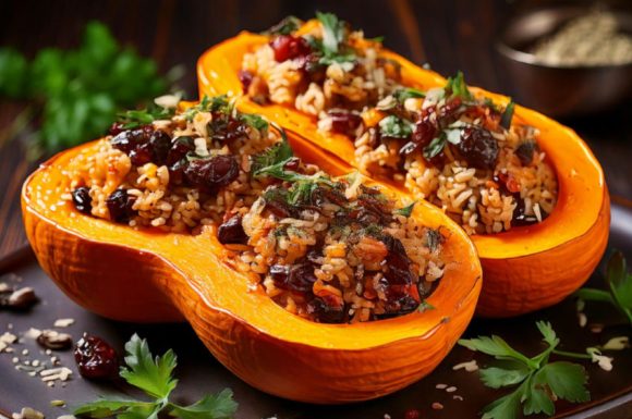 VEGAN WILD-RICE-STUFFED BUTTERNUT SQUASH