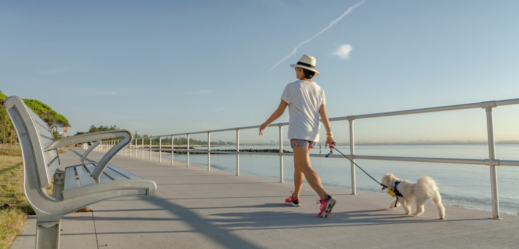Woman walking on a sidewalk with dog, embracing the calm morning atmosphere.